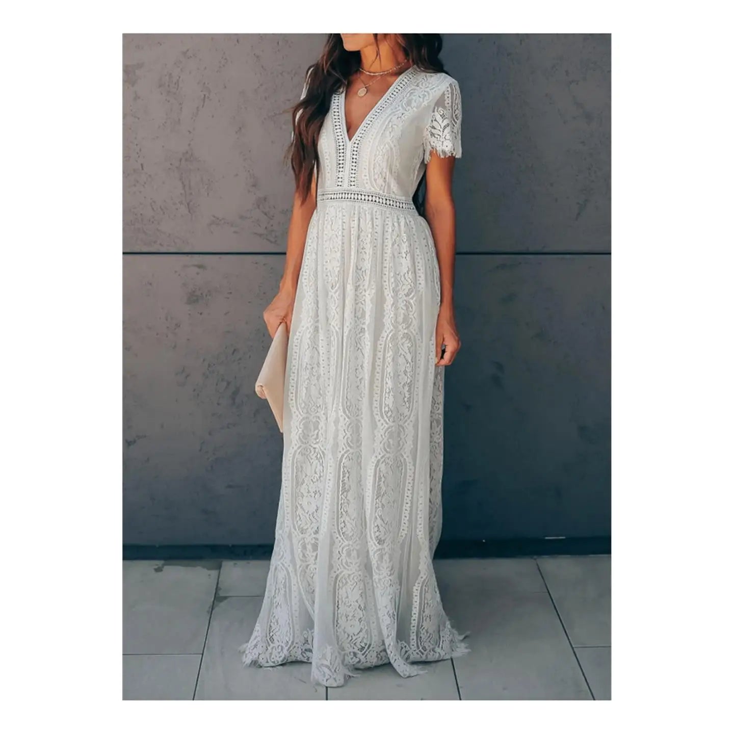 Vestido Helena - Com Decote em V - Renda Vazada (Moda Italiana)